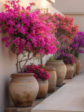Bougainvillea bushes with bright pink and purple flowers fill rustic terracotta pots. The composition displays a row of potted plants along a white wall, suggesting an outdoor setting. The image uses natural light and features a close-up perspective. It could be used for decorative, editorial, or commercial purposes.の素材