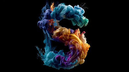 A vibrant cloud of colorful smoke dominates the frame against a stark black background. The swirling smoke features a mix of blues, yellows, oranges, and purples, creating a dynamic and visually interesting composition. This image could be used for various design projects and advertising materials.の素材