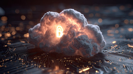 An illuminated cloud formation with a digital currency symbol rests on a circuit board surface. The image features soft lighting and a blurred bokeh effect, suggesting a technological or futuristic environment. It could be used in presentations about virtual currency, online storage, or technology concepts. This image is suitable for various commercial purposes.の素材