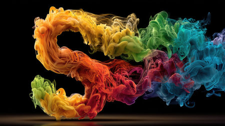 A vibrant display showcases flowing colorful smoke art. The artwork exhibits a range of hues, including red, orange, yellow, green, and blue. The composition, set against a dark backdrop, highlights the dynamic forms and textures, suitable for various design projects and commercial applications.の素材