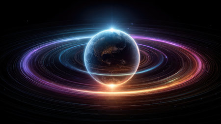 An artistic depiction presents a sphere surrounded by radiant, colorful rings against a dark backdrop. The composition features vibrant hues of blue, purple, and orange creating a sense of depth. The image could be suitable for various uses, including scientific presentations or creative projects.の素材