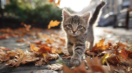 A small tabby kitten strolls across a surface strewn with fallen leaves. Warm sunlight illuminates the scene, highlighting the textures of the leaves and the kitten's fur. The composition suggests an outdoor environment, possibly a park or garden, with potential uses in various commercial and illustrative contexts.の素材