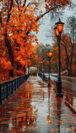 An autumn pathway is depicted with reflections on a wet surface, illuminated by street lights. The scene features trees with orange and red leaves creating a vivid color palette. The composition may be suitable for commercial use in various contexts related to seasonal themes and nature imagery.の素材