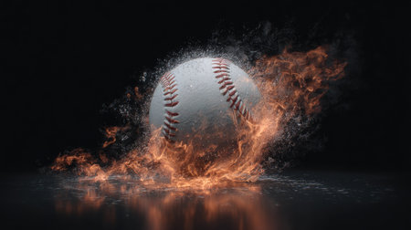 A baseball engulfed in flames against a dark background is the central focus. Fiery orange and red hues radiate from the ball, creating a dramatic visual effect. The image features dynamic lighting and composition, potentially suitable for sports-related advertising or editorial content. The overall aesthetic suggests energy and intensity.の素材