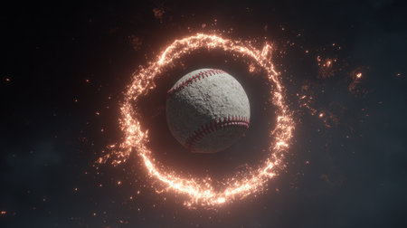 A baseball is the central subject, enveloped by a ring of fire set against a dark backdrop. The composition features a circular arrangement with warm orange and red hues contrasting the darkness. This image could be used for various commercial projects related to sports or visual effects.の素材