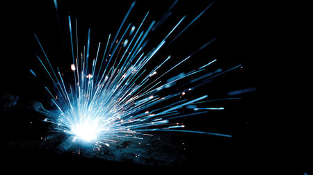 A brilliant display of blue sparks emanates from a central point, set against a stark black backdrop. The image showcases a dynamic composition with radiant energy and light trails. Suitable for various applications, including design projects and illustrative content, the image presents visual appeal.の素材