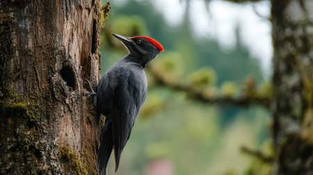 A black woodpecker with a red crest is observed on a tree. The bird is seen with its head and beak raised. The image displays a natural outdoor setting, likely a forest, with muted colors and soft focus. The scene suggests potential use for wildlife, nature, and educational publications.の素材