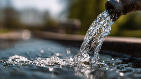 This image showcases water flowing from a metal pipe, forming a dynamic cascade. The clear liquid creates textures and patterns. The composition uses a shallow depth of field, with soft sunlight suggesting an outdoor environment. Suitable for visual resources in commercial projects related to water or nature.の素材