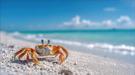 A crab stands on a sandy beach, with its orange body contrasting the pale sand. The clear blue sky and ocean provide a vibrant backdrop. The image features natural sunlight, suggesting an outdoor coastal setting. Suitable for various commercial and editorial applications.の素材