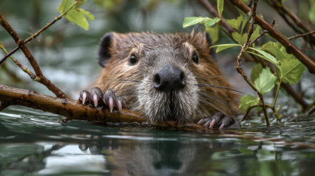 A beaver is captured in a close-up, emerging from the water. The animal's fur appears brown, and its face is clearly visible. The lighting is natural, suggesting an outdoor environment. The image is suitable for use in educational materials or wildlife-related content.の素材