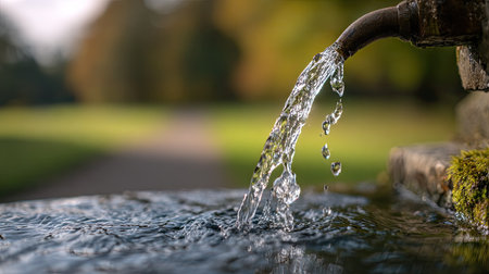 A close-up view depicts water cascading from an aged faucet into a pool. The composition showcases the flowing water with transparency. The lighting is natural, casting soft shadows. This image is suited for illustrating concepts related to conservation, freshness, or eco-friendly practices, and is suitable for various editorial and commercial applications.の素材