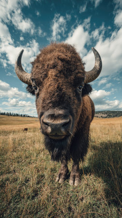 A powerful bison stands in a grassy field, its dark fur contrasting with the light of the sky. The image features a low-angle shot, providing a close view of the animal. The composition is well lit, with attention to detail in the fur texture. This image could be used for wildlife publications or environmental projects.の素材
