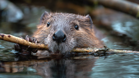 A beaver is observed in a natural water environment, holding a wooden branch. The image features a close-up perspective showcasing the animal's features and wet fur. The overall composition suggests a daytime setting, suitable for illustrating wildlife or natural themes, potentially usable for editorial or educational purposes.の素材