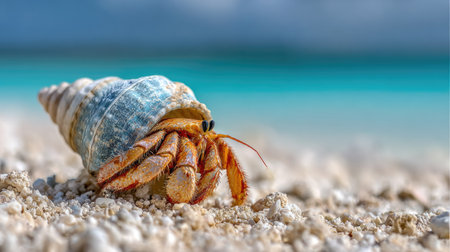A detailed image captures a hermit crab nestled in its shell on a sandy beach. The crustacean displays vibrant orange and brown tones, contrasted by a blue and white shell. The composition emphasizes the natural environment with a soft focus background of the ocean. Suitable for illustrating marine life or environmental themes.の素材