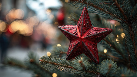 A close-up captures a bright red star ornament set against the backdrop of an evergreen tree. The star has a textured surface, and the soft bokeh background provides warmth. The composition is well-lit, suggesting a daytime scene, possibly for holiday-themed advertising or editorial content.の素材