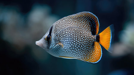 A vibrant tropical fish is captured in a close-up shot, showcasing its unique patterns and colors. The fish features a spotted body with orange and black accents, set against a dark, blurred background. This image is suitable for various commercial uses, including educational materials and decorative designs.の素材