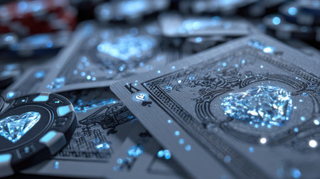 This image showcases playing cards and poker chips with a focus on diamond-shaped details, set against a dark background. The composition employs shallow depth of field, emphasizing the central subjects. Subtle highlights create a sense of sophistication. This visual is suitable for commercial and editorial purposes.の素材