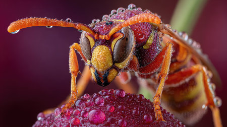 This macro image showcases a wasp covered in water droplets. The insect displays intricate details and textures, with a focus on its head and eyes. The composition highlights vivid colors and sharp focus, suggesting outdoor, possibly garden, environment. Suitable for a variety of commercial and editorial uses.の素材
