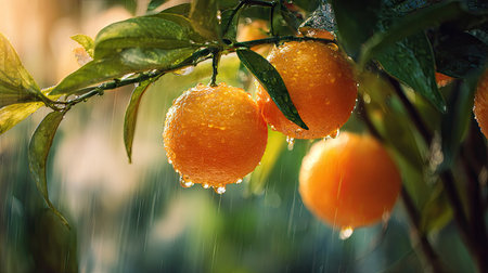 This image showcases ripe oranges hanging from a tree branch, glistening with water droplets. The composition features a shallow depth of field, highlighting the fruit and leaves against a blurred background. The lighting suggests natural daylight, creating a fresh and inviting aesthetic, suitable for use in promotional materials or editorial content.の素材