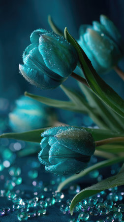 This close-up showcases vivid turquoise tulips with visible water droplets, set against a dark, blurred background. The image highlights the natural texture of the petals with soft lighting. Ideal for decorative purposes or editorial content related to flora and natural beauty, the picture could be used in various commercial applications.の素材
