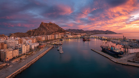 An elevated perspective captures a coastal city harbor under a vibrant sunset. The composition features buildings, a harbor with docked vessels, and a prominent mountain range. The color palette includes hues of orange, pink, and blue, creating a picturesque setting that suits various commercial projects or editorial publications.の素材