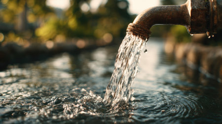 This close-up image features water cascading from a weathered metal pipe into a pool of water, displaying visible ripples. The scene is illuminated by natural light, creating a bright, textured aesthetic. It may be suitable for illustrating concepts of conservation, resources, or natural elements in various editorial and commercial projects.の素材