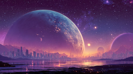 An illustration depicts multiple large planets rising above a serene landscape, reflecting in the water below. The scene is bathed in shades of purple and blue, with bright stars sprinkled across the night sky. This artwork can be used in various applications, offering a sense of wonder and cosmic beauty.の素材