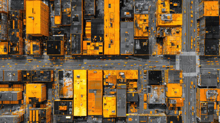 An overhead view reveals a cityscape comprised of buildings with contrasting yellow and gray rooftops. The composition features a grid-like pattern of structures, suggesting a dense urban environment. This image exhibits a stylized aesthetic with a graphic quality. Suitable for architectural, abstract, or design-focused applications.の素材