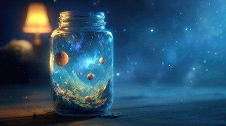 A glass jar contains a miniature universe with planets and swirling nebulas. The image showcases a fantasy concept rendered with digital art techniques, featuring shades of blue and gold. The composition is lit with soft overhead lighting. This artwork is suitable for various conceptual projects.の素材