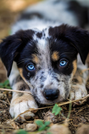 This image features a puppy with distinctive blue eyes, resting on the ground with a soft focus background. The puppy has a speckled coat with a combination of black, white, and brown shades. The natural lighting highlights the animal's features, making it suitable for various commercial or editorial applications.の素材