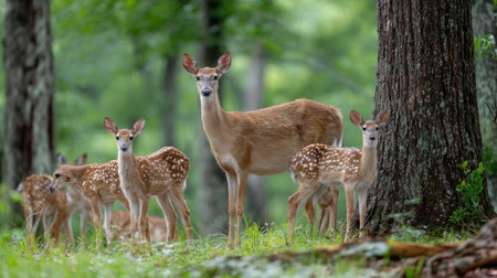 A group of deer, including adults and fawns, stands amidst a forest setting. The scene features varying shades of green foliage and tree trunks. Sunlight filters through the canopy, creating dappled light. The image could be used for various purposes, from educational material to stock photography.の素材