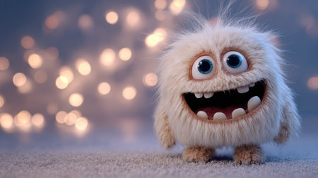 A whimsical, cartoon-like creature with fluffy white fur and a wide, joyful grin dominates the frame. Soft, diffused lighting illuminates the character, and the background features blurred, circular lights. This image is suitable for children's books, advertising, or adding a touch of cheer to various creative projects.の素材