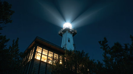 A tall white lighthouse stands prominently against a dark blue night sky. The structure emits a powerful beam of light. Its design suggests a coastal environment, possibly guiding ships. The overall composition features overhead lighting and a focus on architectural detail. Suitable for various commercial and editorial applications.の素材