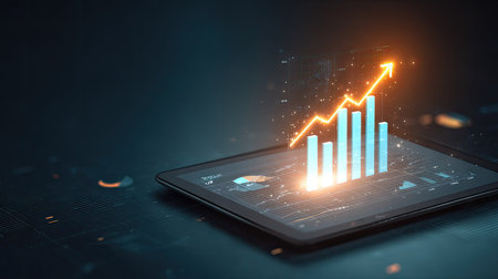 A digital representation displays a rising stock market graph emerging from a tablet. The composition showcases a glowing arrow ascending above blue vertical bars on a dark background. The image, illuminated with radiant lighting, could be suitable for business, finance, or technology-related content.の素材