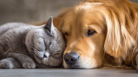 A close-up captures a Golden Retriever and a grey cat side-by-side. The dog has brown fur, and the cat has grey fur. The composition is simple, with soft lighting and a shallow depth of field, suggesting a calm indoor setting. This image is suitable for various commercial uses.の素材