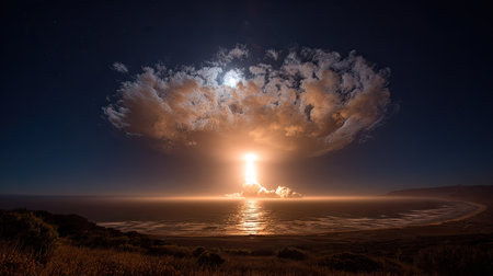 A striking composition features a luminous column of light emanating from the water, topped by a textured, cloud-like form. The scene displays a dark, nocturnal setting with soft lighting reflecting on the water's surface. Suitable for use in conceptual designs or creative editorial projects, the image evokes a sense of wonder.の素材
