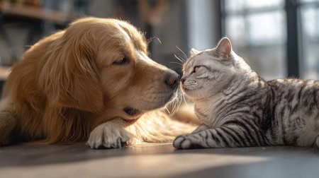 A golden retriever and a tabby cat are depicted in a close-up view, appearing to touch noses. The image displays warm tones and soft lighting, suggesting an indoor setting. The composition highlights the animals, possibly suitable for use in articles concerning animal companionship or illustrating concepts of domestic friendship.の素材