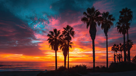 The image showcases a sunset over the ocean, with palm trees silhouetted against a colorful sky. Bold hues of orange, pink, and blue dominate the scene, suggesting a tropical environment. The composition could be used for travel, scenic, or background purposes in commercial and editorial projects.の素材