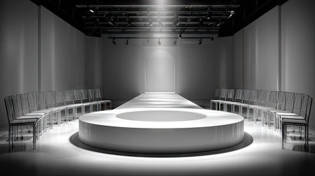 An empty runway with seating arranged on either side. The space is illuminated by a spotlight above the runway. The minimalist design incorporates shades of gray, and the composition focuses on symmetry and lines. This image is suitable for promotional materials and editorial content.の素材