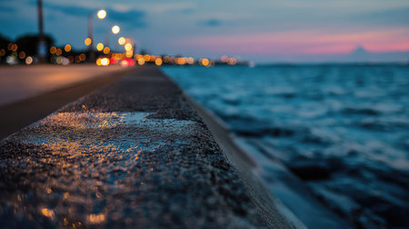 A close-up perspective showcases a weathered concrete embankment alongside rippling ocean water. The soft focus background displays city lights along a road, while the sky transitions from pink to deep blue. This tranquil scene could be suitable for various commercial or editorial applications.の素材
