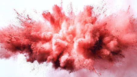 A vibrant cloud of red powder bursts against a clean white backdrop. The image showcases a dynamic composition with explosive energy. The textures appear soft yet voluminous, creating an abstract and visually striking effect. Suitable for use in design projects or commercial advertising materials.の素材