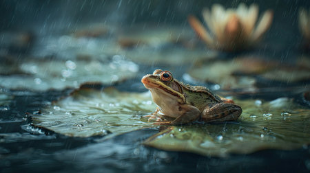 A frog sits on a lily pad in a tranquil setting, with water droplets creating a rain effect. Soft lighting illuminates the scene, highlighting the frog's textures and the surrounding foliage. This image features natural colors and compositions which may be useful for various commercial and editorial applications.の素材