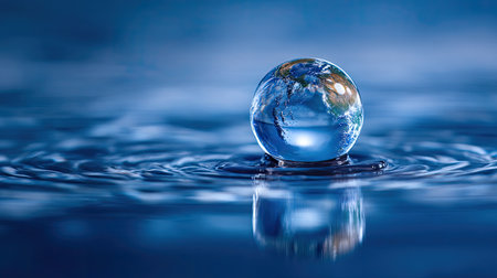 A glass globe, representing Earth, rests on rippling water, with reflections adding depth. The image features shades of blue, creating a serene and contemplative atmosphere. The composition emphasizes the delicate balance of the planet and could be used for illustrations about sustainability, environmental protection or global awareness.の素材