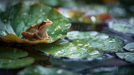 A small frog rests on a lily pad in this image, with rain falling onto the water. The composition showcases shades of green and brown with droplets on the foliage. The scene implies a natural outdoor environment. Suitable for editorial and commercial use.の素材