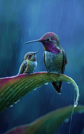 Two hummingbirds are perched on a broad green leaf, droplets of water clinging. The birds display vibrant colors, with shades of purple and green. The backdrop is a blurred blue, suggesting an outdoor environment. This image is suitable for various commercial uses, including editorial and design projects.の素材