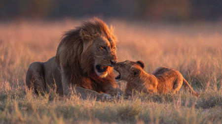 Two lions, a male and cub, are captured in a tender moment amidst dry grassland. Warm tones of orange and brown dominate the image, enhanced by soft sunlight. The composition focuses on the close interaction, suggesting a familial bond. Suitable for various editorial and commercial applications related to wildlife.の素材