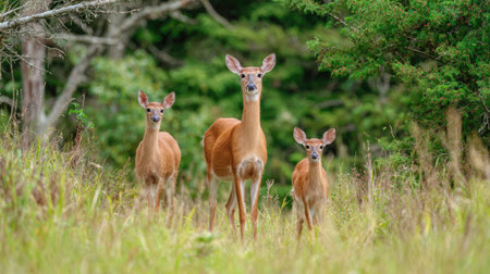 Three deer, an adult and two young ones, stand alert in a natural outdoor setting. The image displays a family group with warm brown tones, contrasting with the green foliage. The composition and lighting create a sense of harmony. Suitable for various editorial and commercial projects.の素材