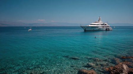 A large, white yacht dominates the frame, floating on vibrant turquoise water. The image displays a clear blue sky, suggesting a sunny day. The composition features a wide view, potentially suitable for travel or lifestyle content, with potential applications in advertising and editorial projects.の素材