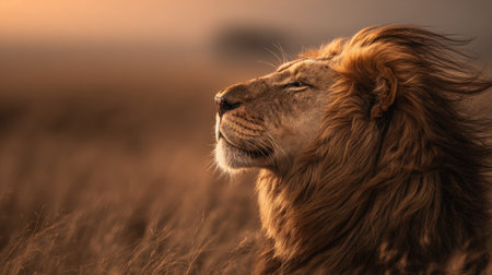 A close-up captures a lion's profile with closed eyes, highlighting its golden mane. The image exhibits warm, earthy tones with blurred background. The composition focuses on the animal's texture and detail. Suitable for wildlife and environmental publications, as well as various creative projects.の素材