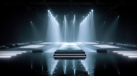 A contemporary stage is brightly lit by overhead spotlights creating a dynamic display. The reflective floor enhances the illumination of the stage. This image presents a clean aesthetic with striking light and shadows, suitable for design and conceptual applications in advertising and media.の素材